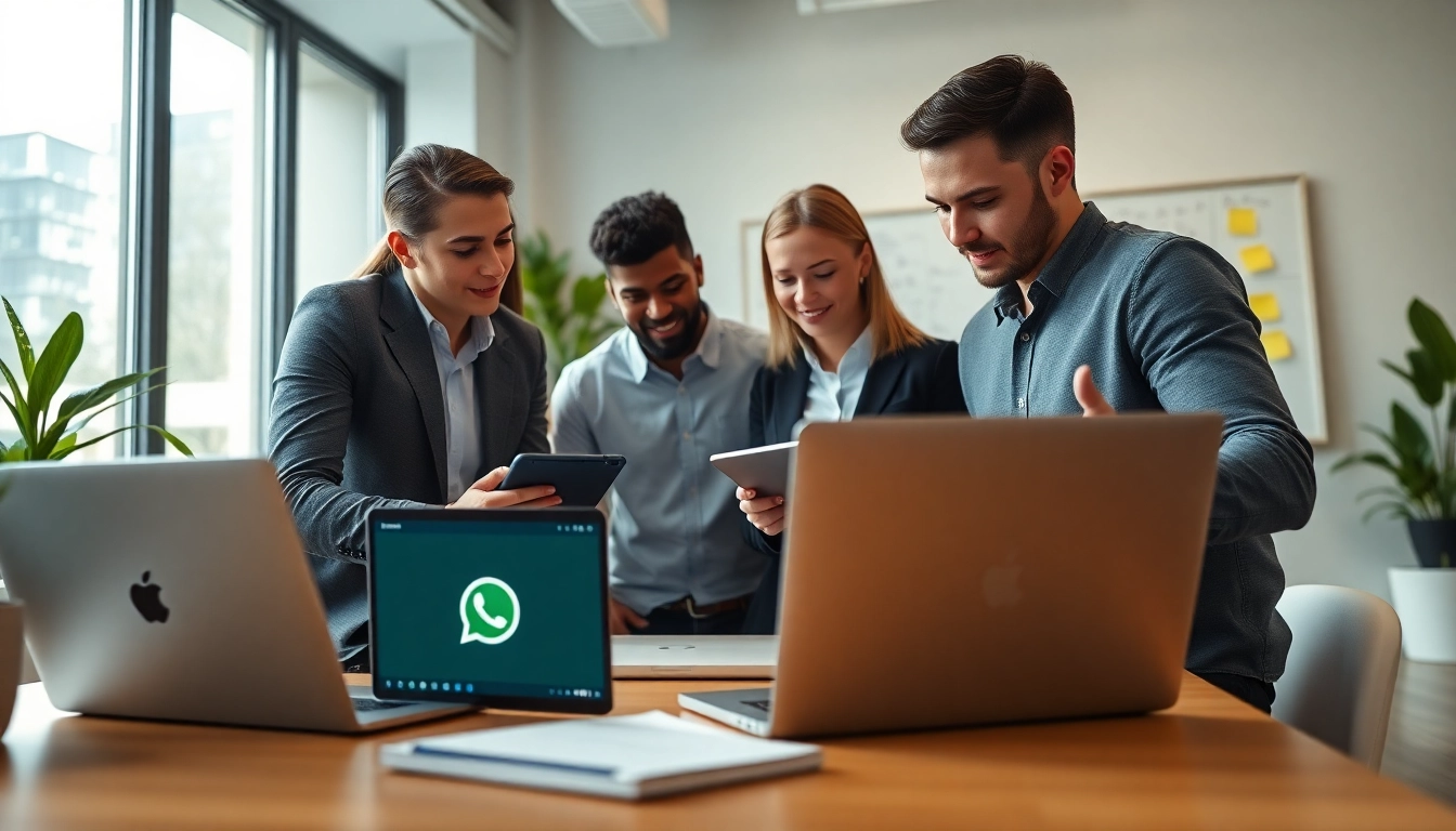 Enhance your business management with WhatsApp Business CRM illustrated in a collaborative workspace.