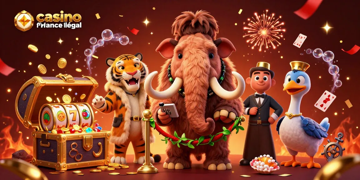 Casino en ligne France légal : illustration dynamique de jeux et sécurité avec mammouth et tigre.