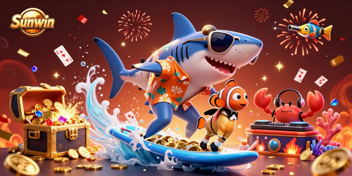 Join the Sunwin adventure as characters ride waves of gold in this vibrant casino illustration.