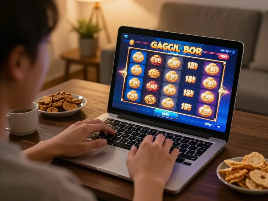 Engaging with slot gacor gampang menang online on a laptop, cozy home setup.