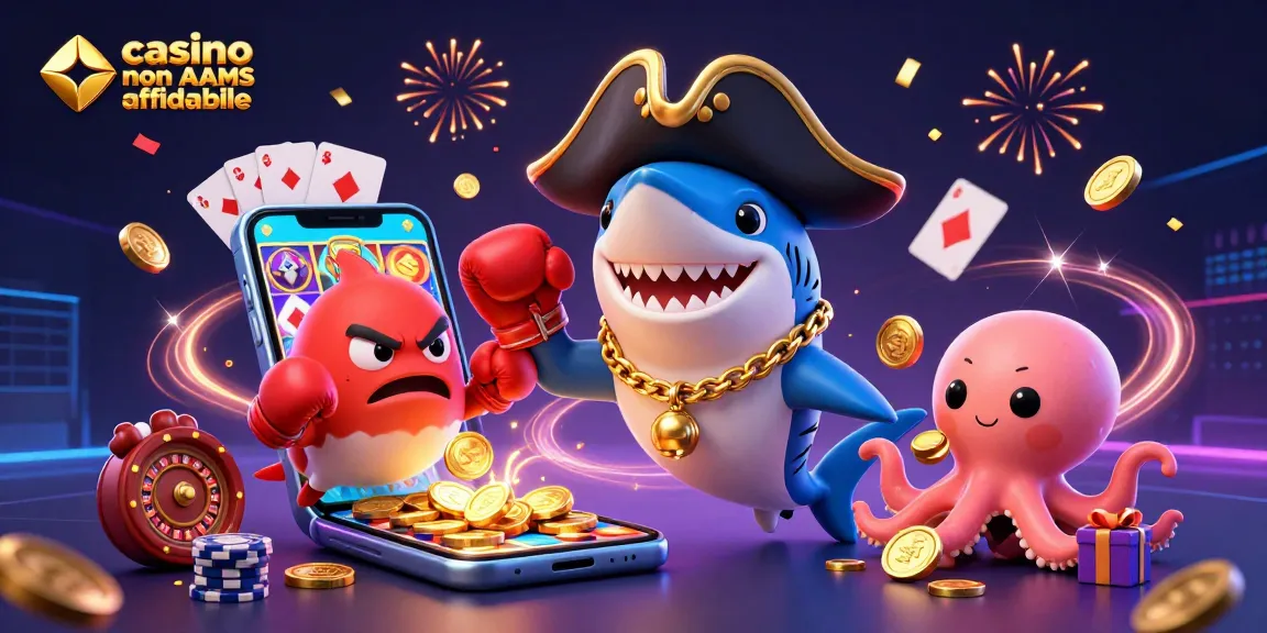 Illustrazione coinvolgente di un casinò non AAMS affidabile con uno squalo pirata, un pesce palla e un polpo che festeggiano l'eccitazione del gioco.