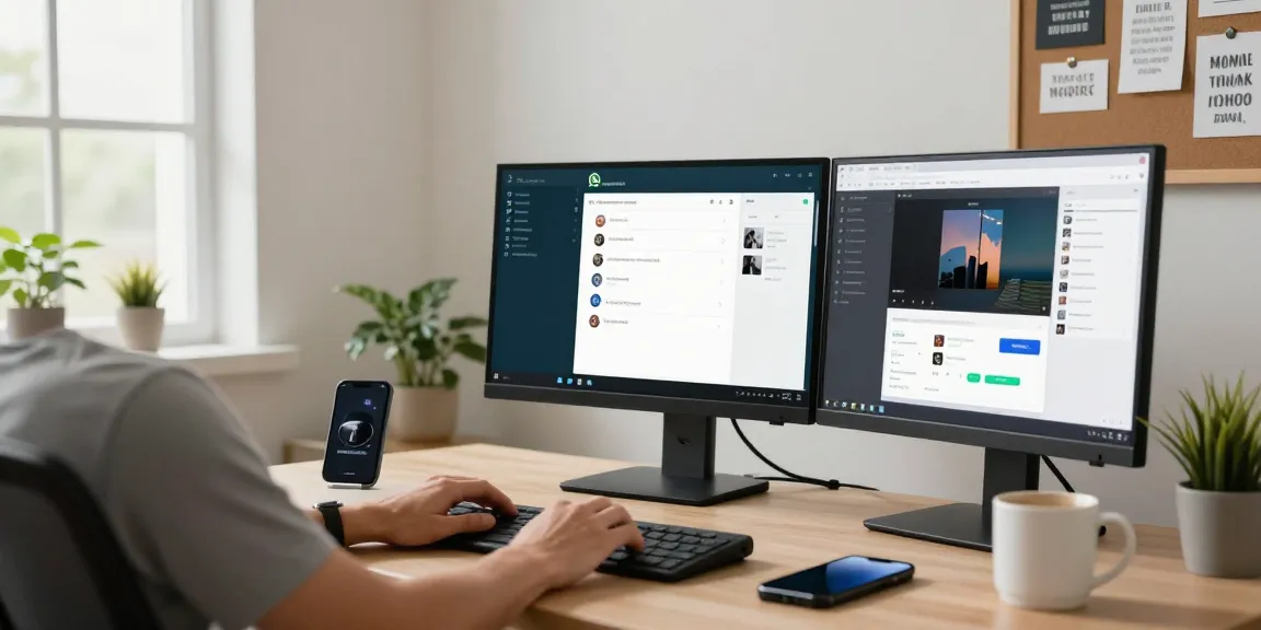 User engaging with WhatsApp電腦版 application on a modern desktop setup in a bright home office.