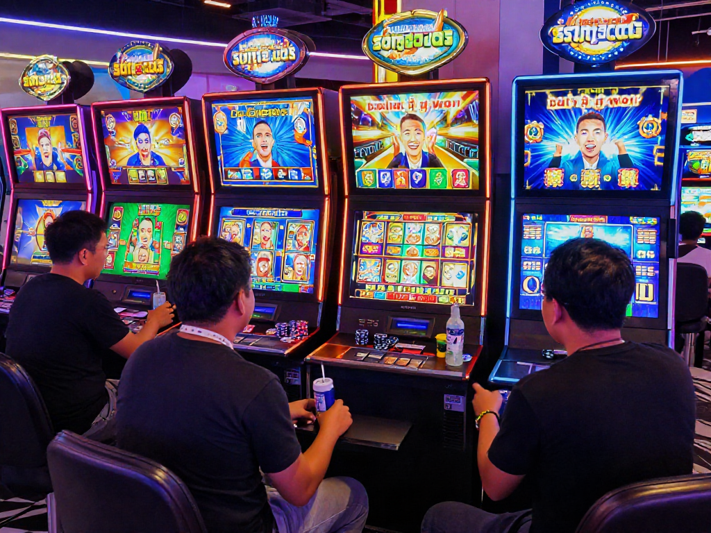 Players immersed in action at a bandar slot gacor game, showcasing vibrant screens and lively atmosphere.