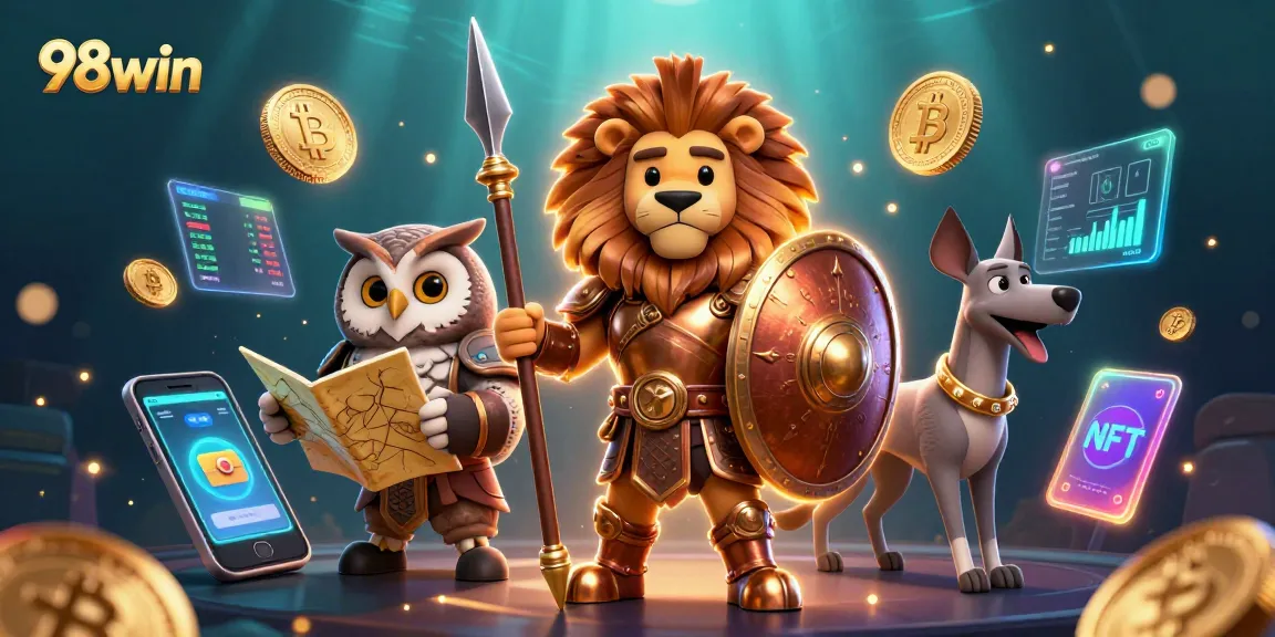 Experience the excitement of gaming with 98win's vibrant casino elements and dynamic characters.