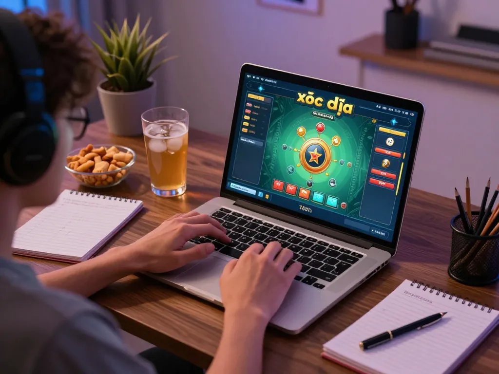 Xóc đĩa online gaming scene featuring a player engaged on a laptop, enhancing the online gambling experience.
