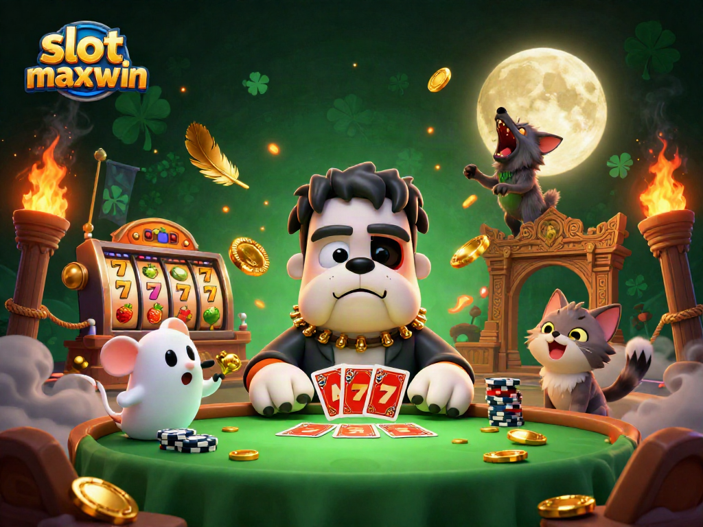 Engage with slot maxwin in a thrilling 3D casino scene featuring vibrant characters and dynamic elements.
