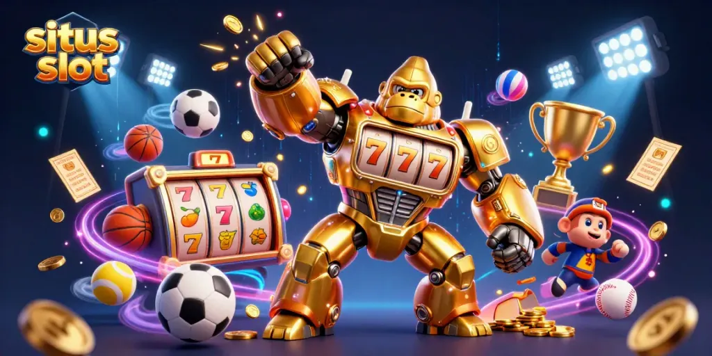 Experience the thrill of situs slot with an explosive 3D illustration of a golden gorilla mech.