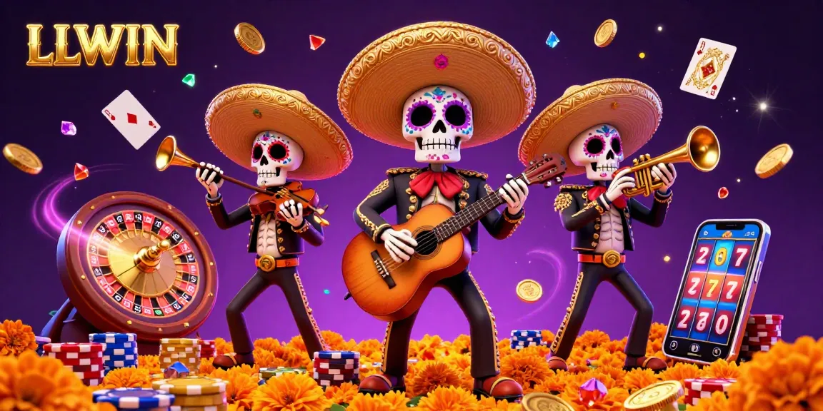 Experience thrilling gaming adventures with LLWIN in this vibrant Day of the Dead mariachi casino scene.