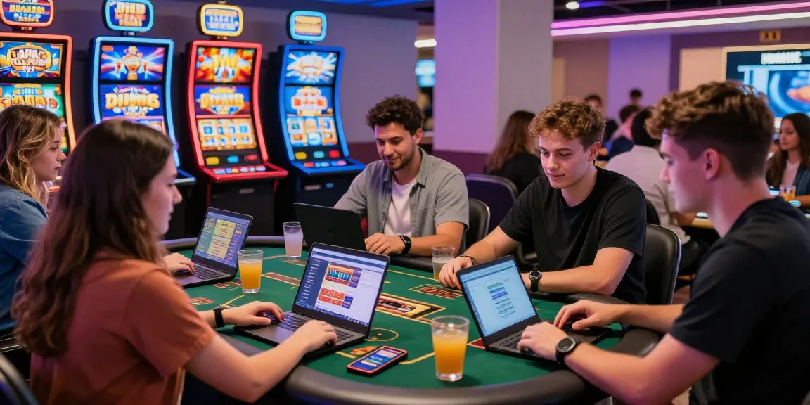 Exciting group of friends gaming at credit card casinos with vibrant slot machines.