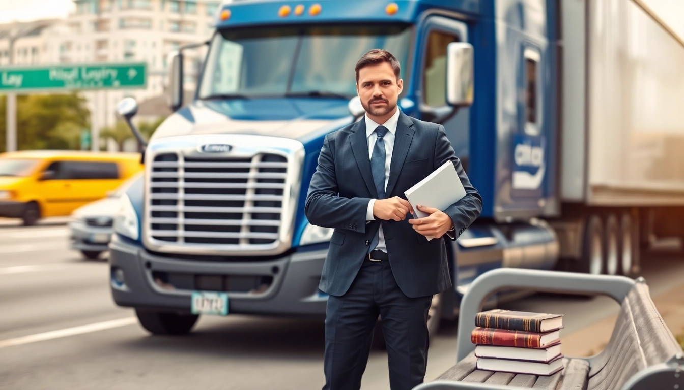 Truck accident attorney Clearwater discussing legal options with a client in front of a commercial truck.