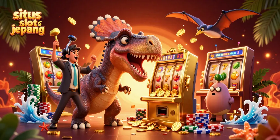 Engaging scene with situs slot jepang as a cartoon dinosaur activates a slot machine jackpot, surrounded by gold coins and poker chips.