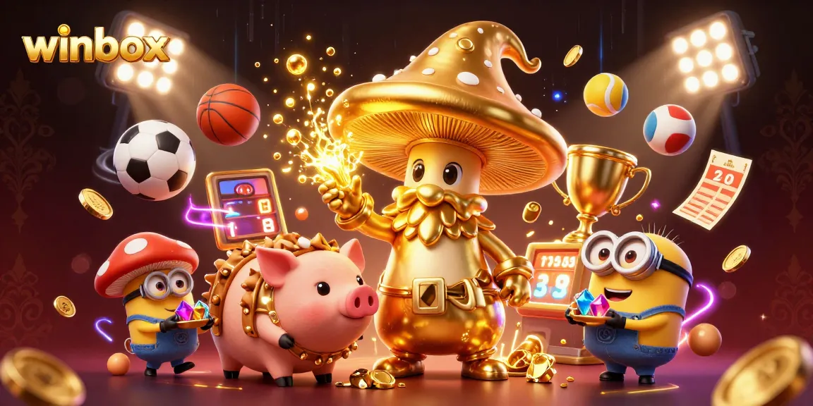 Winbox casino features a magical golden mushroom wizard and treasures in a vibrant 3D illustration.