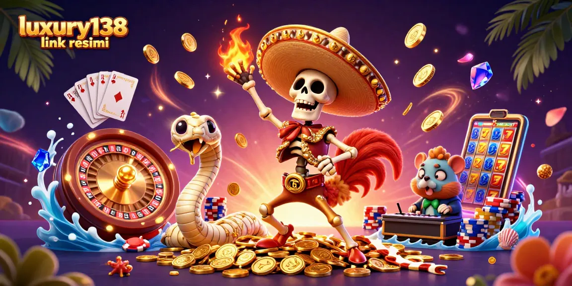 Spin big with luxury138 link resmi, showcasing an exciting casino scene filled with vibrant characters and dynamic gaming elements.