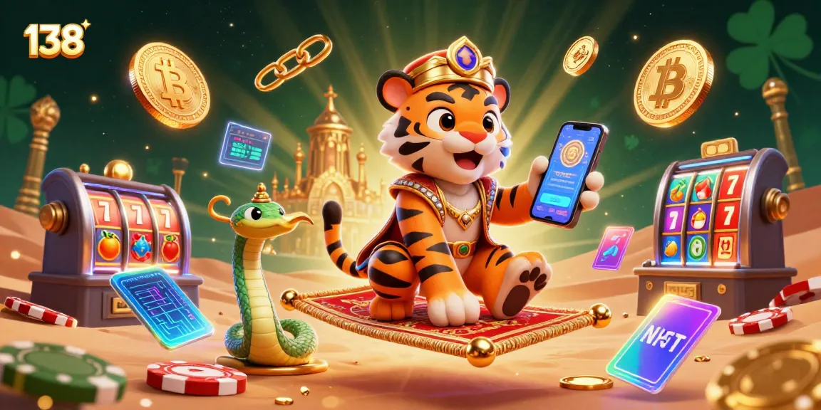 Engage with 138 casino excitement featuring a tiger sultan on a flying carpet amidst vibrant gaming symbols.
