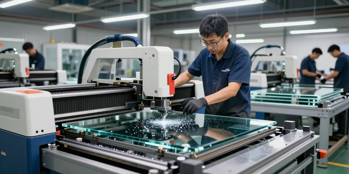 Technician using a cutting machine glass in a modern industrial workshop, showcasing advanced technology and efficient processes
