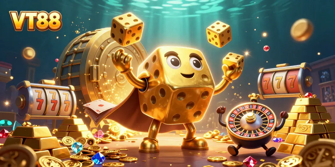 Experience the excitement of VT88 with a lively 3D casino scene featuring dazzling games and elements.