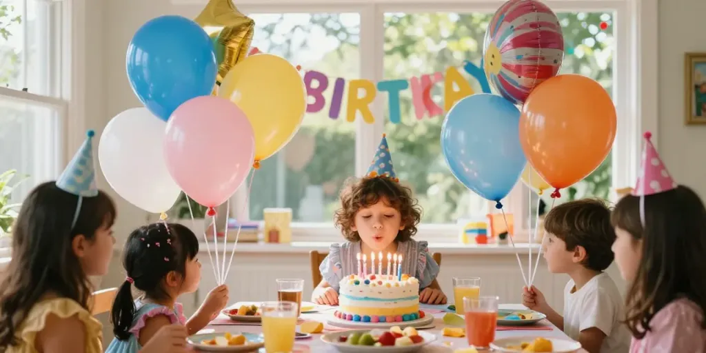 Birthday Balloons and joyful celebration at a vibrant party with a child blowing out candles on a colorful cake.