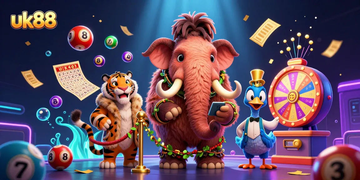 uk88 lottery scene with vibrant balls and characters in a casino-like setting
