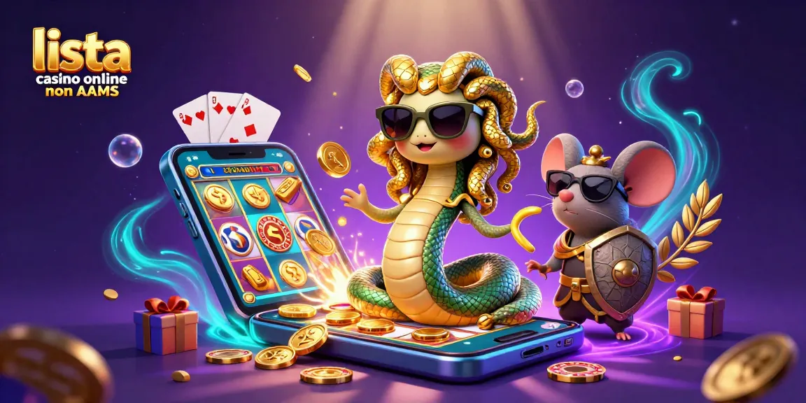 Un'illustrazione vivace che presenta una simpatica Medusa e un topo guerriero in una scena dinamica di casinò che mette in mostra elementi della lista casino online non AAMS come uno smartphone con gi