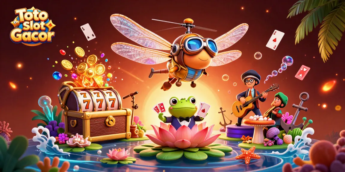 Toto dan Slot Gacor showcase featuring a vibrant casino scene with a dragonfly pilot and lively frog dealer.