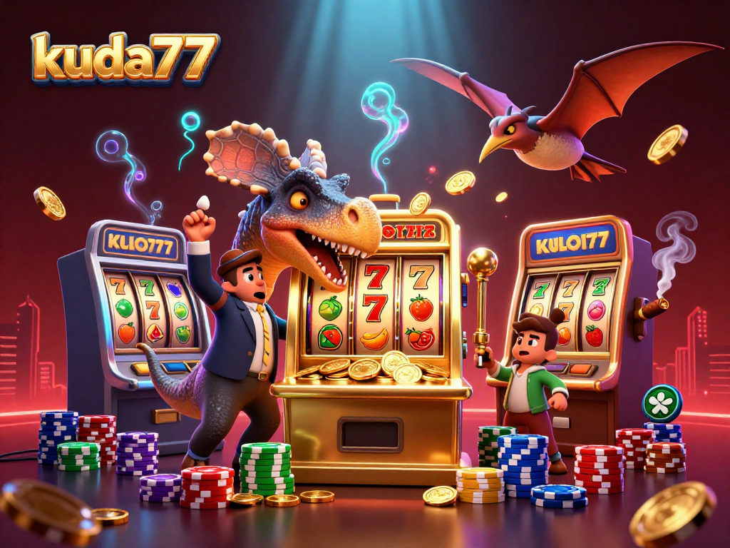 Koin jackpot mesin slot Kuda77 jatuh, dikelilingi slot dan chip poker.