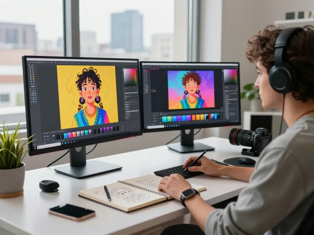 Creative workspace showcasing digital artist using nano banana pro AI image editing for vibrant designs.