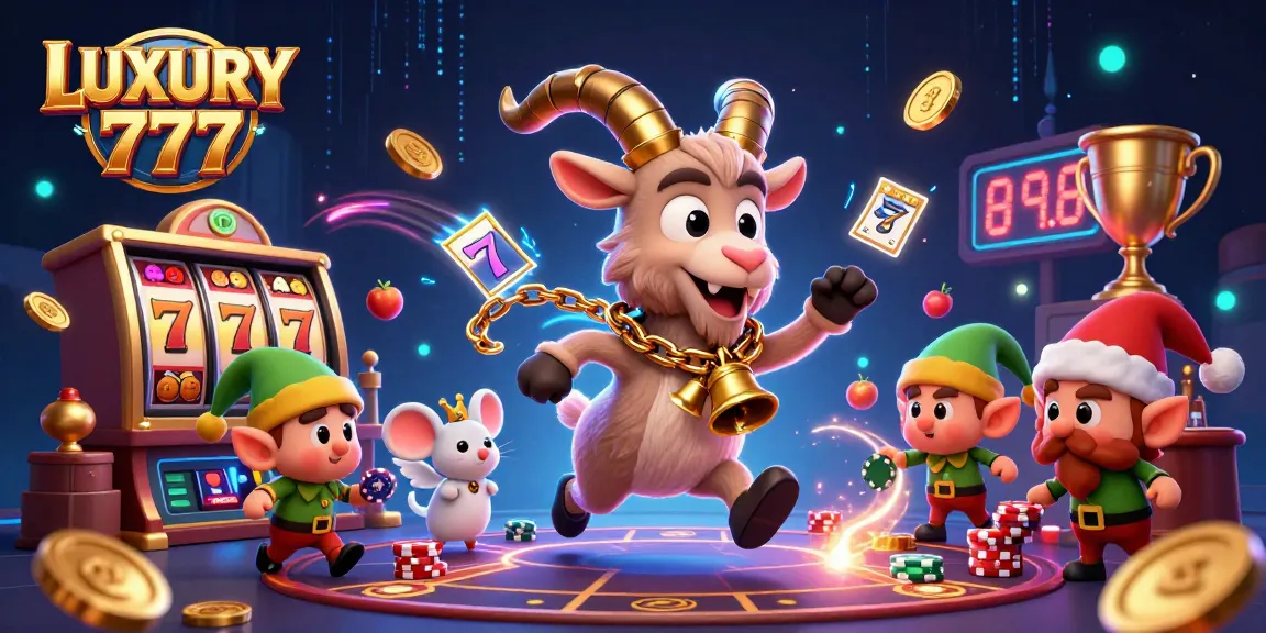 LUXURY 777 menampilkan ilustrasi kasino dengan karakter kartun 3D Krampus dan elemen slot penuh warna untuk menarik pemain kasino.