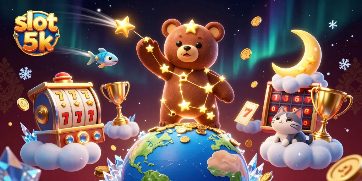 Experience thrilling gameplay with slot 5k, as a cartoon bear scoops up coins amidst dynamic slot game elements.