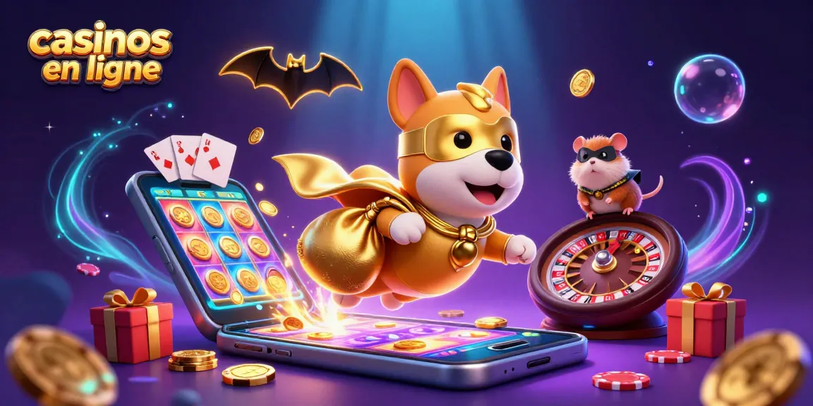 Des super-héros cartoon, portant des masques et des capes, s'envolent pour jouer dans des casinos en ligne.