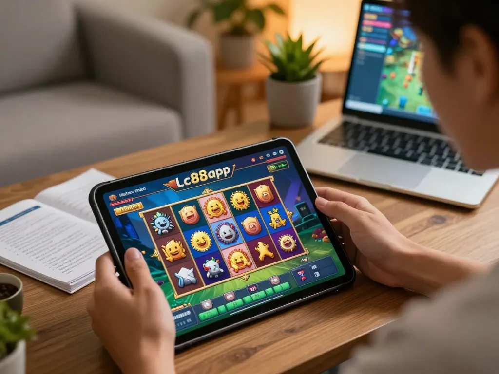Playing slots on lc88app tablet in a cozy home atmosphere, enhancing online gaming experience.