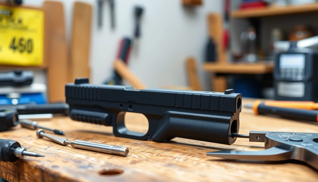Showcasing a glock 17 slide oem on a workbench highlighting craftsmanship and quality.