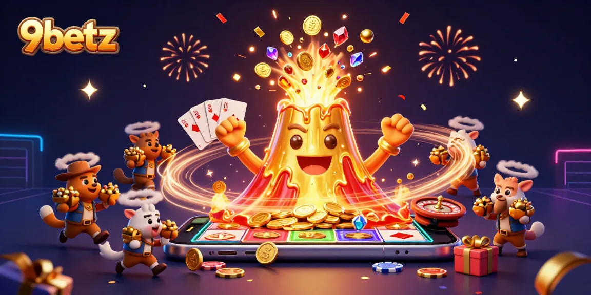 9betz celebrates luck with a golden volcano erupting coins, captivating slot game action, and playful treasure-seeking animals.