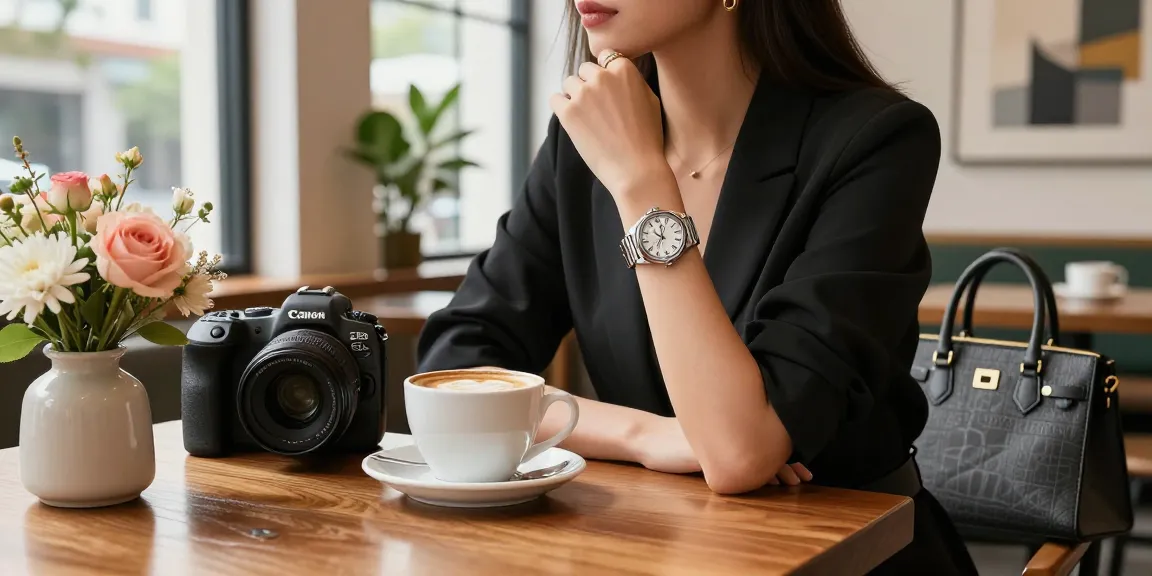Stylish individual showcasing a replica watch in an upscale café setting, highlighting luxury and sophistication.