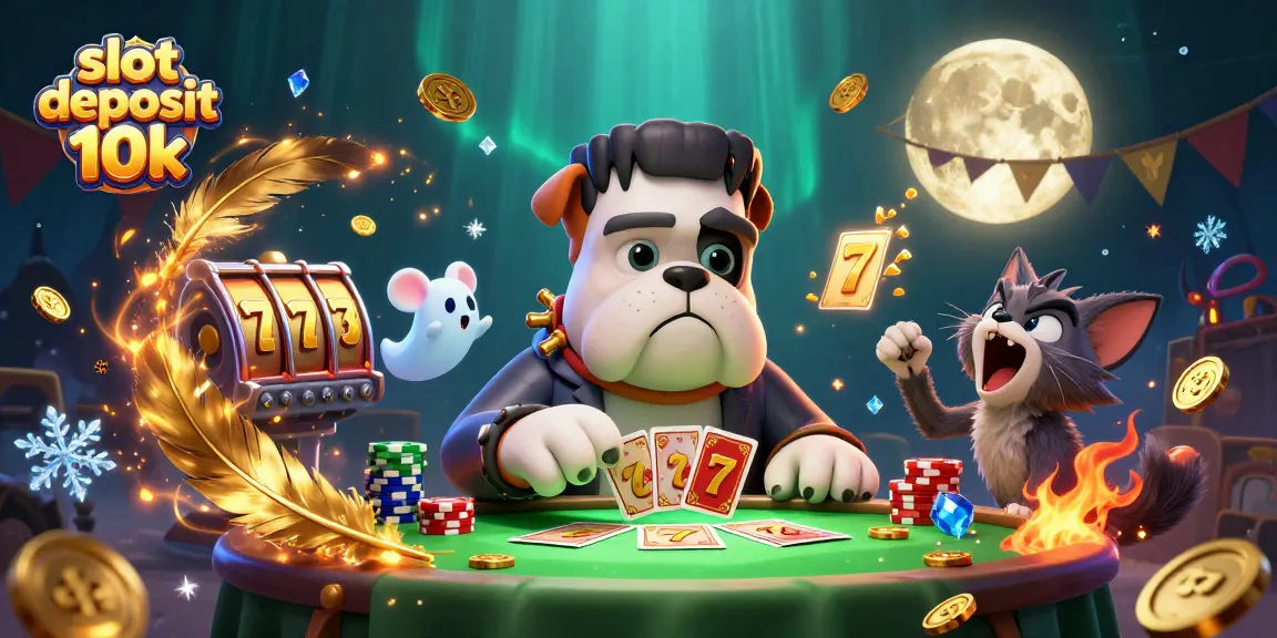 Engage in the thrill of slot deposit 10k with whimsical characters in an ultra-detailed casino scene.