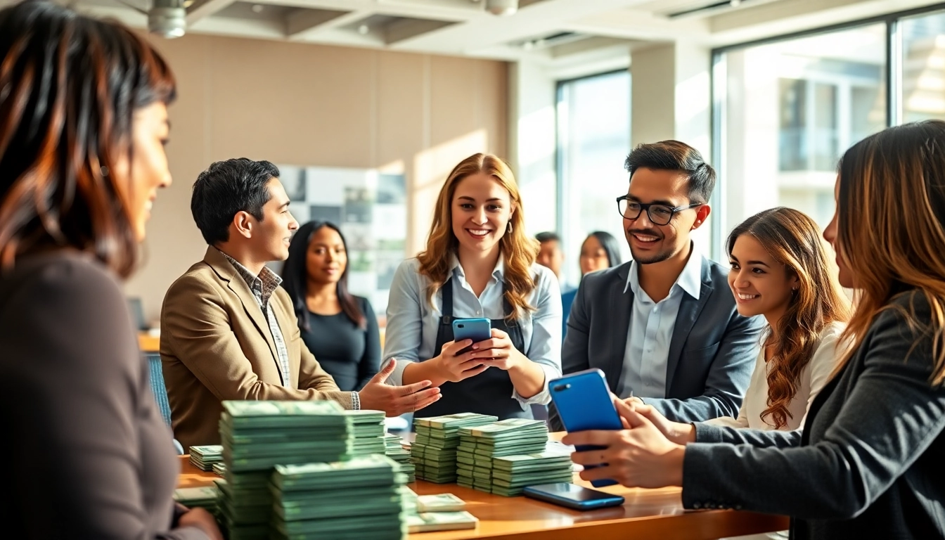 Engaging interaction for fast phone cash with cash and smartphones in a modern office.