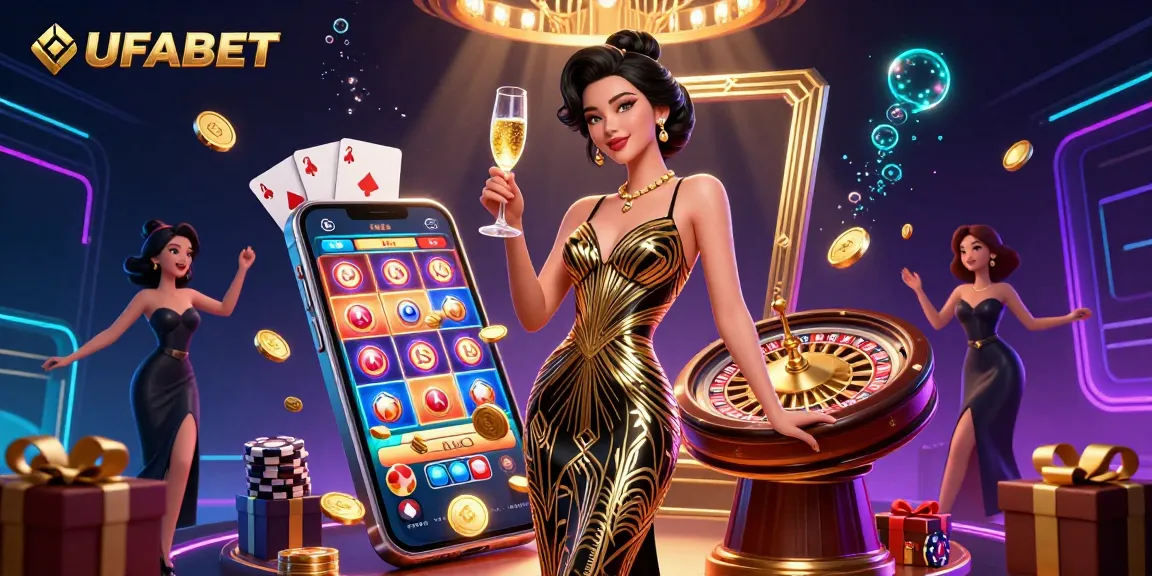 Experience the excitement at UFABET with this stunning casino illustration showcasing a glamorous Asian woman among vibrant game elements.