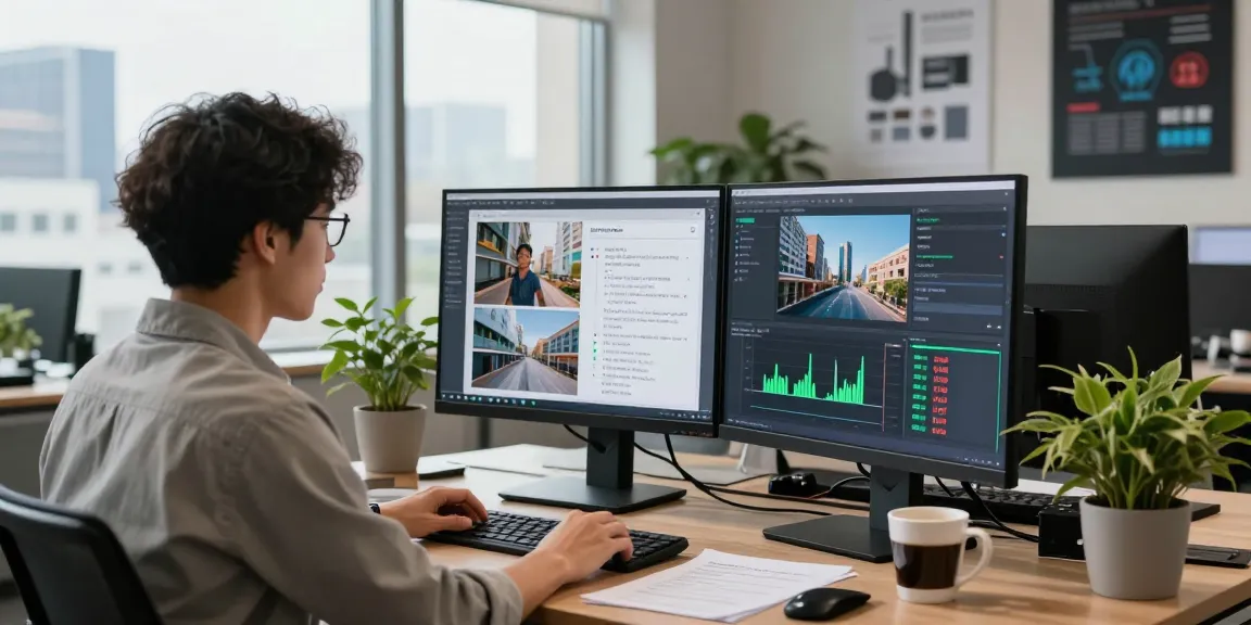 AI image detector results displayed on monitors in an innovative office workspace