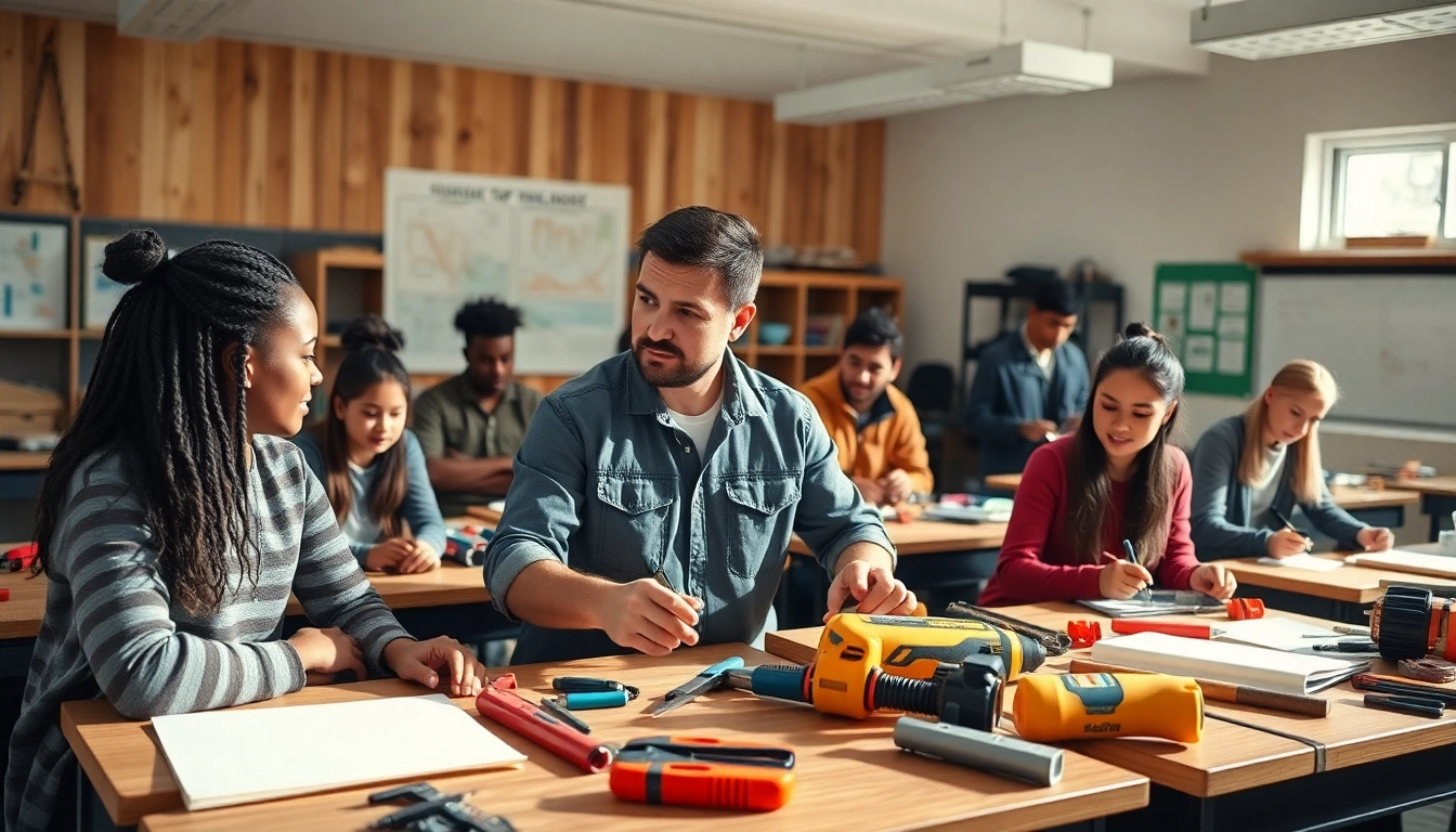 Engaged students learning at an abc trade school, surrounded by tools and vibrant classroom energy.