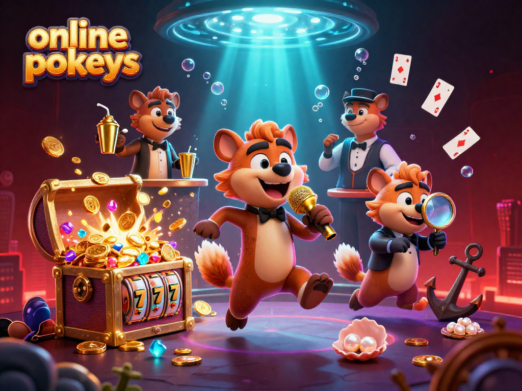 Engage with online pokies while enjoying vibrant hyenas at a comedic casino scene.