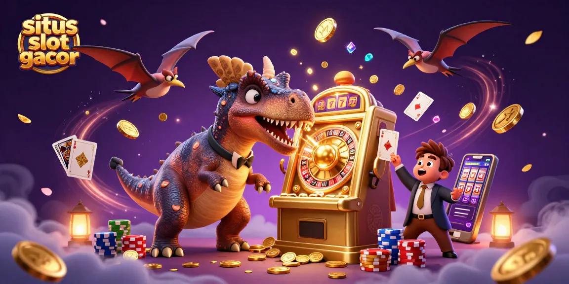 Permainan jackpot situs slot gacor dengan dinosaurus dan koin emas terbang di kasino.
