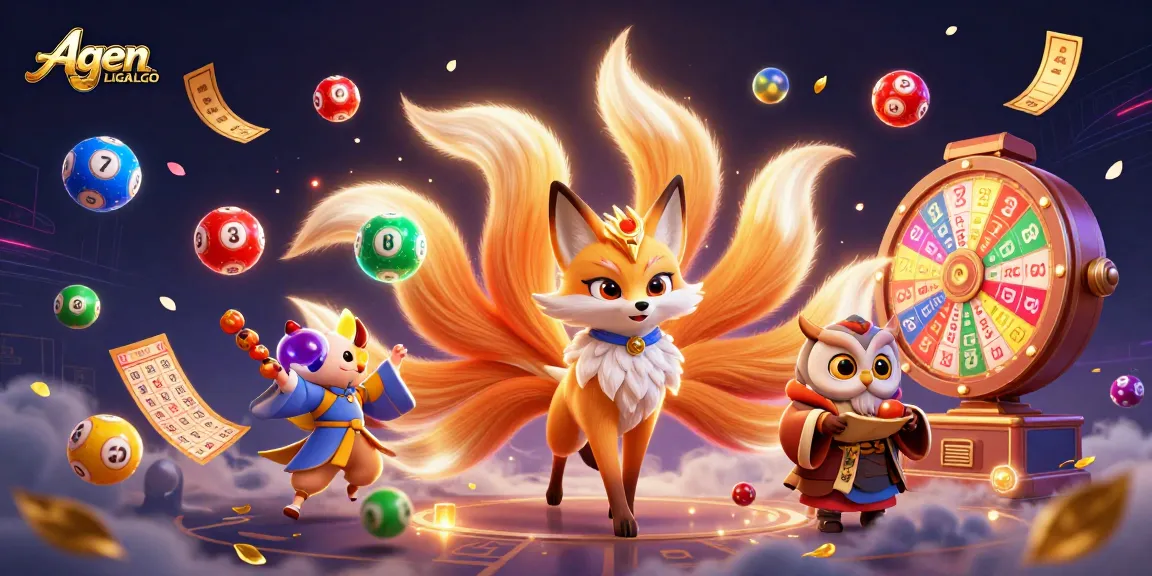 Agen LIGALGO offers vibrant gameplay with a nine-tailed fox spirit and wise owl in a colorful casino scene.