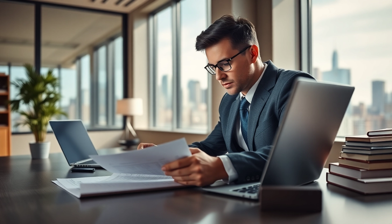 Real estate lawyer examining property documents in a modern office environment.