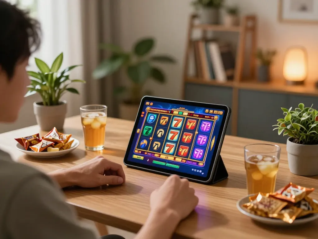 Engaging in slot 777 gaming on a tablet in a cozy home office setting