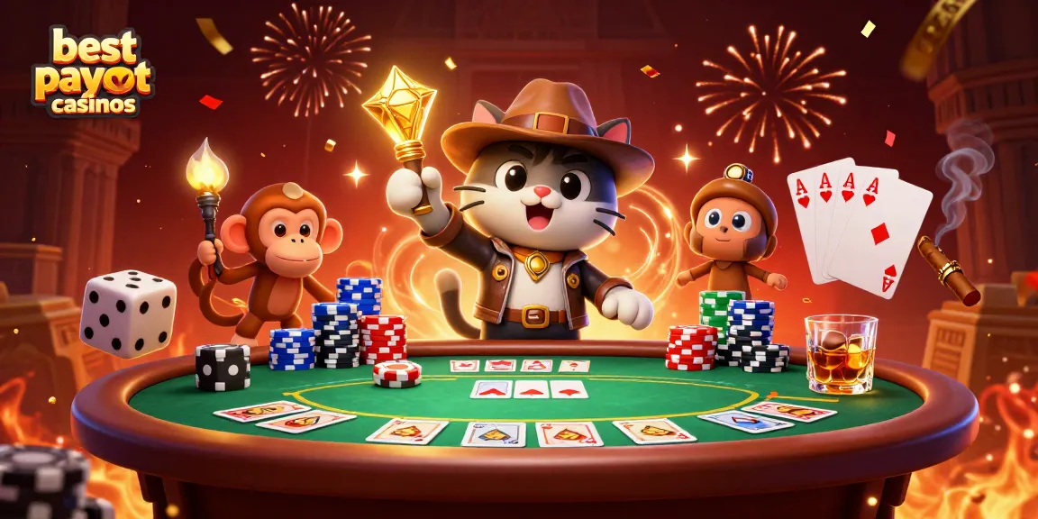 Engage with the best payout casinos scene of an explorer cat discovering a golden artifact amid vibrant casino elements.