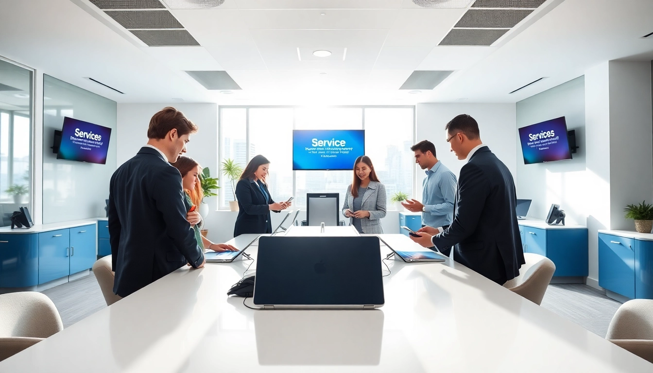 Engaged agents at a digital first warranty company service center assisting customers with modern tech.