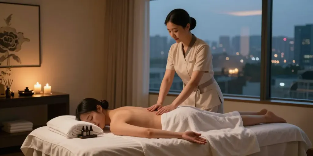 종로출장마사지 session in a luxurious hotel room with a professional therapist.