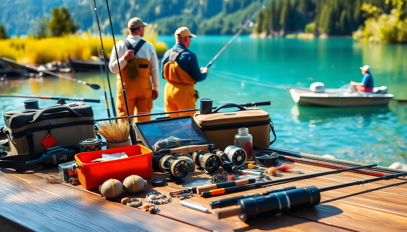 Explore top quality fly fishing accessories including rods and tackle in a serene lakeside setup.