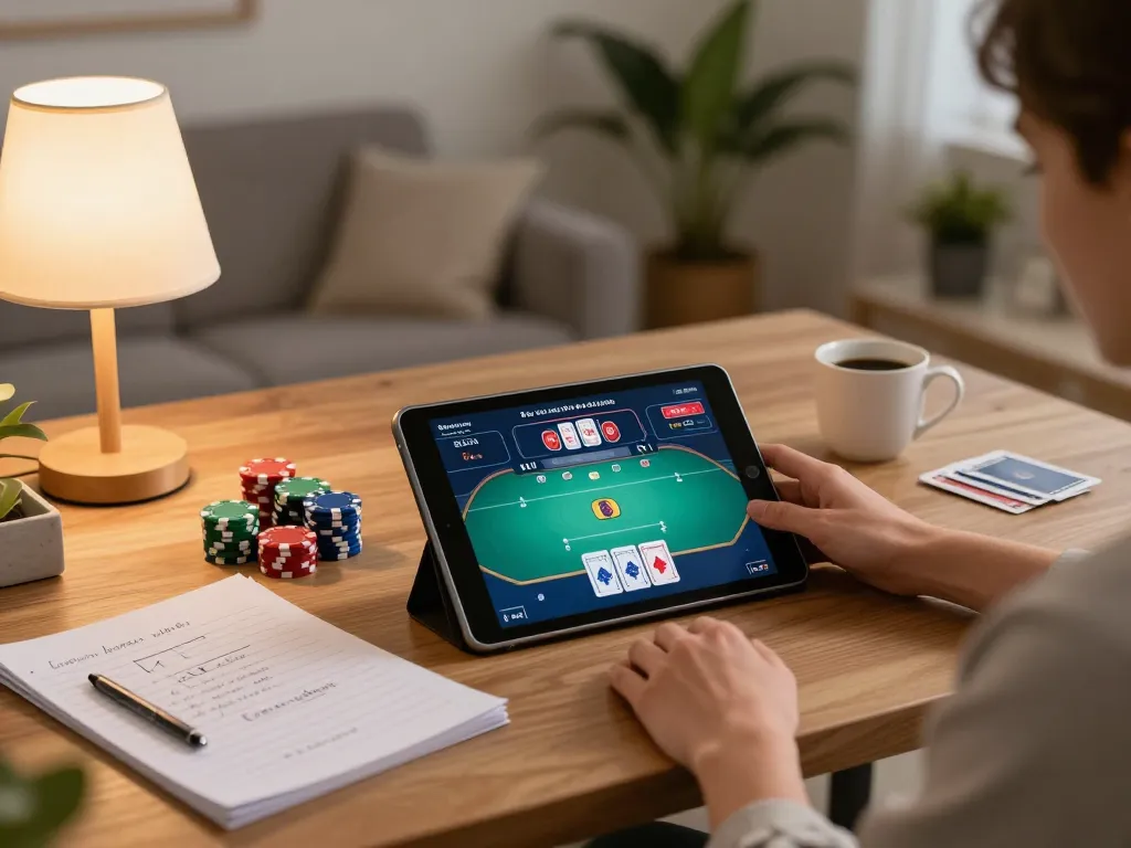 Engaging in online poker with okwin on a tablet in a cozy home setting, showcasing strategic gameplay.