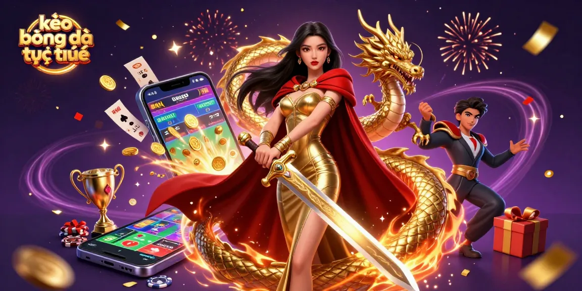 Engage in kèo bóng đá trực tuyến with a vibrant sports betting scene featuring dynamic elements and festive effects.