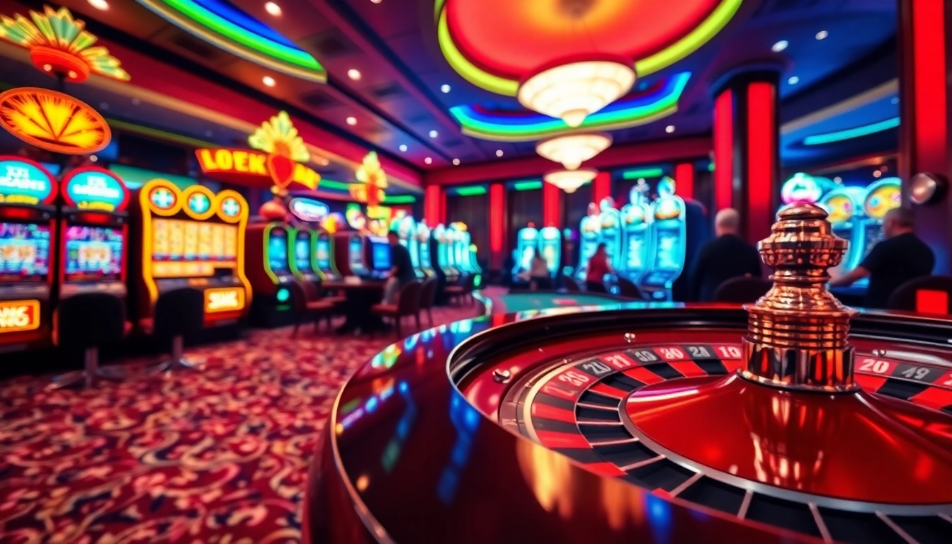 Erlebe spannende casino online spiele in einem luxuriösen Casino mit Roulettetisch und Spielautomaten.